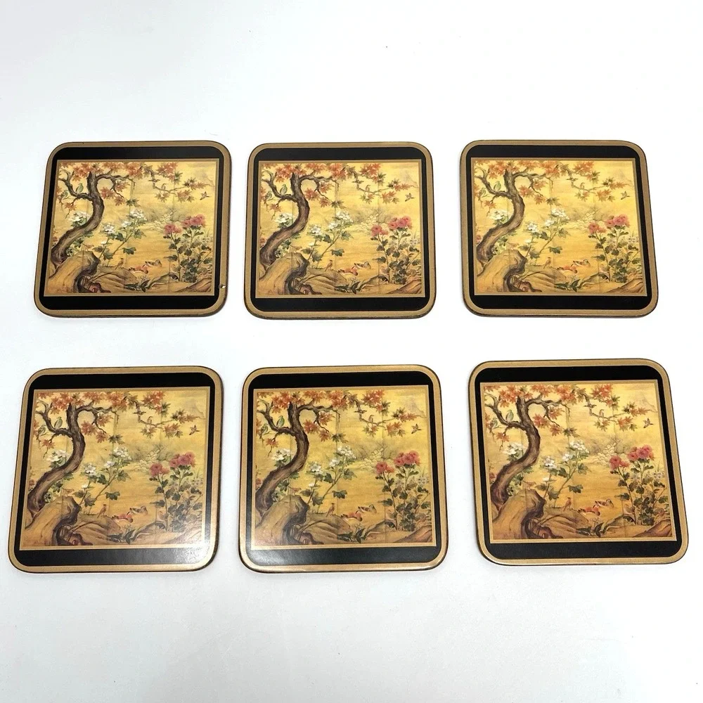 Vintage Pimpernel Acrylic Coasters Chinese Screen Pattern‎ Back Corked set Of 6